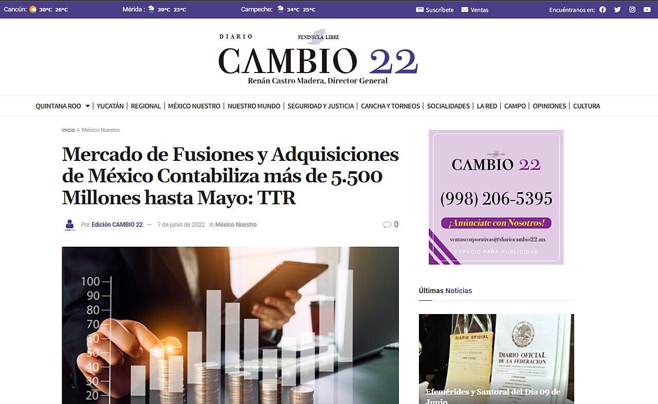 Mercado de Fusiones y Adquisiciones de Mxico Contabiliza ms de 5.500 Millones hasta Mayo: TTR